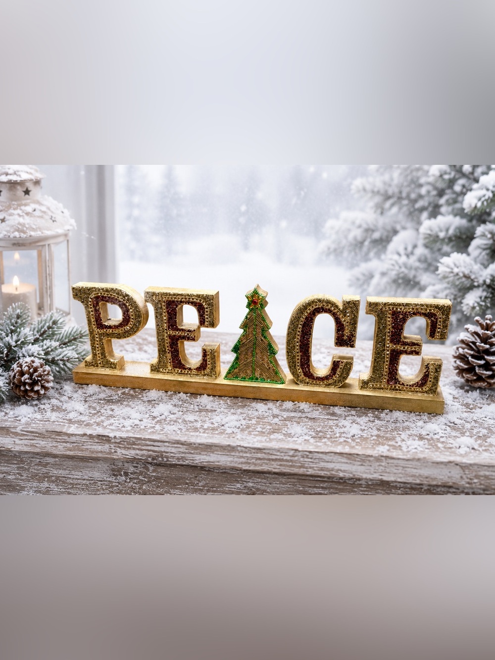 Pier 1 Gold, Green & Red Embellished Beaded Peace, Tree Wood Decor 21”X6”